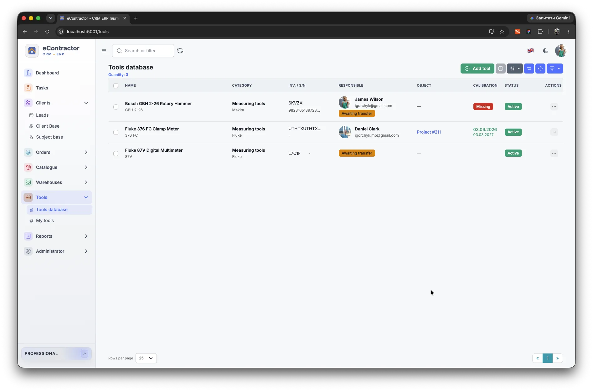 eContractor tool register with equipment list