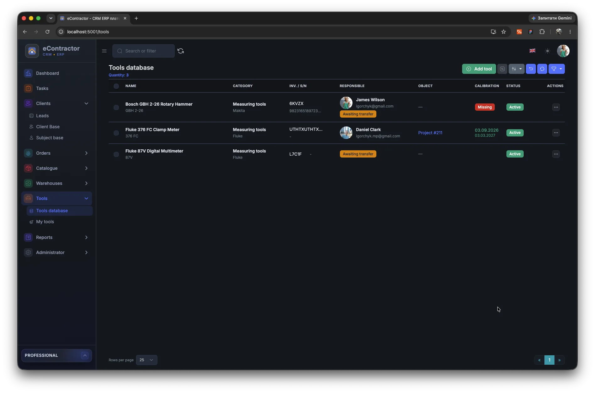 eContractor tool register with equipment list